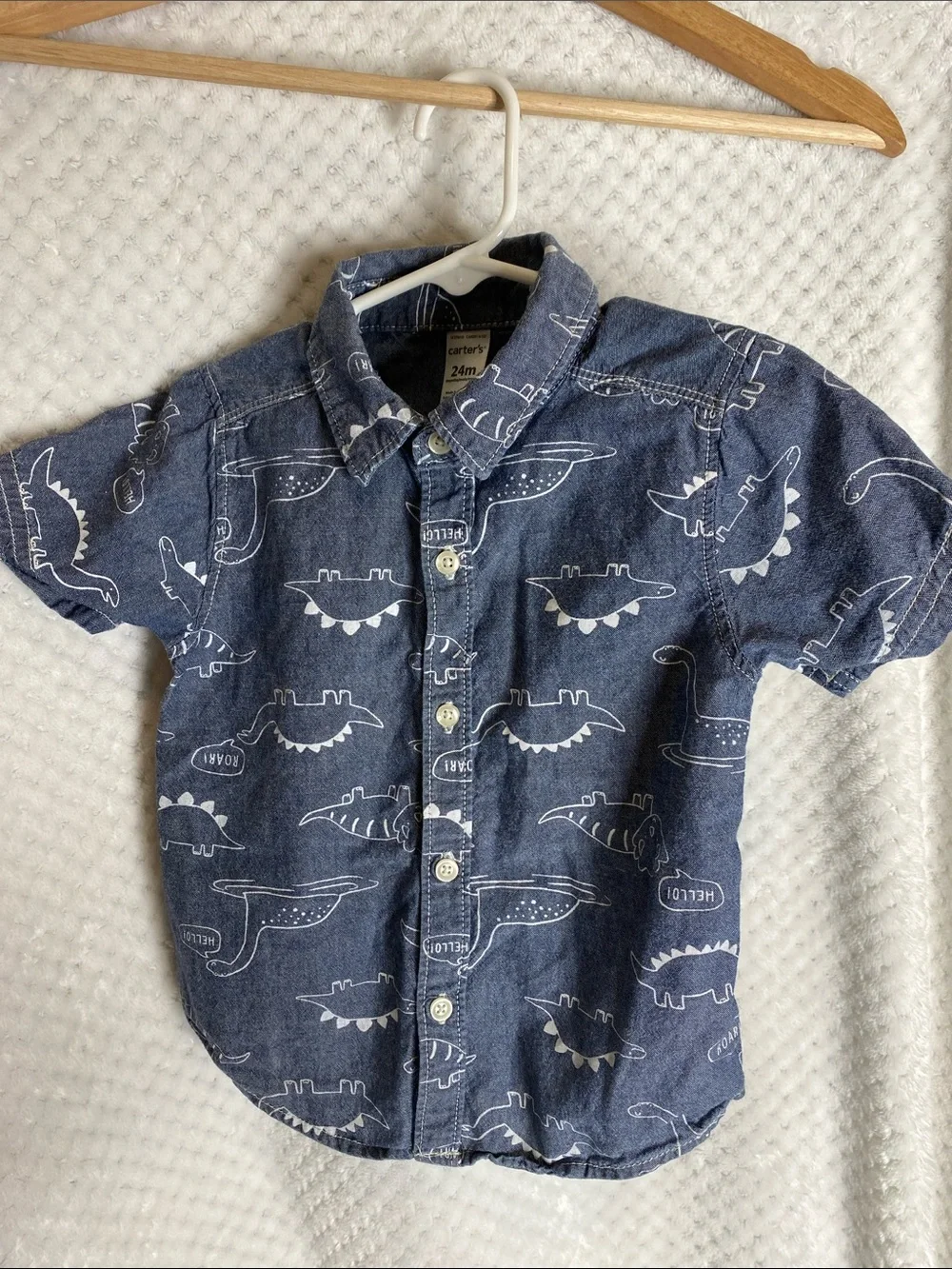 Carter's Chambray Style Blue Short Sleeve Dinosaur Print Button Up Shirt